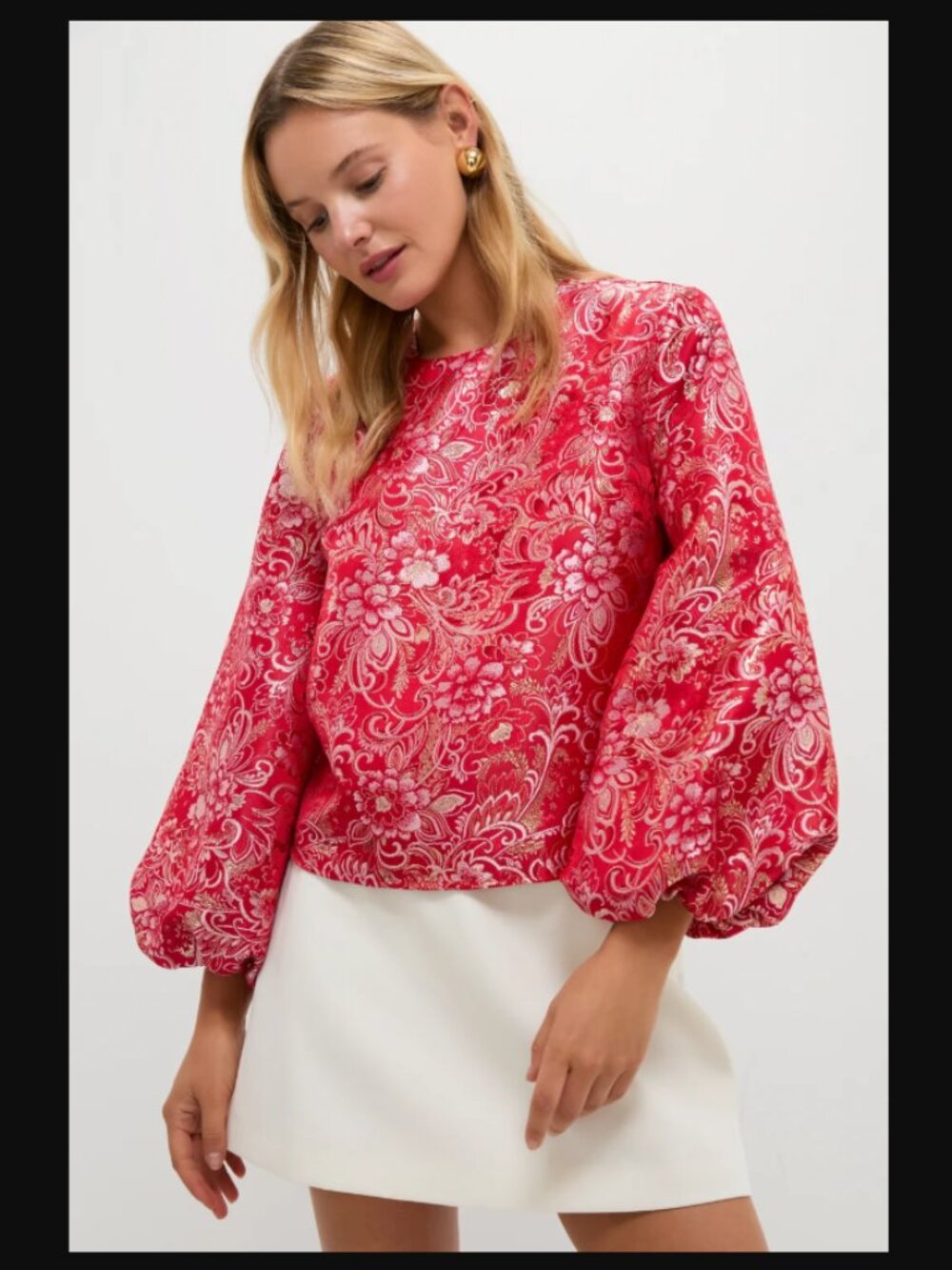 Hyacinth House Red Floral Brocade Puff-Sleeve Blouse